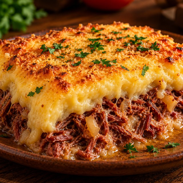 Escondidinho de carne seca com purê de mandioca gratinado e cheiro-verde