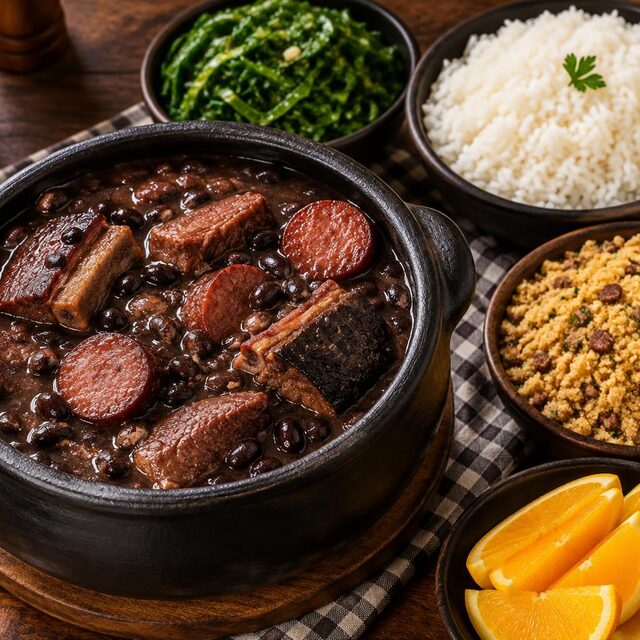 Feijoada completa com feijão-preto, carnes, arroz, couve, farofa e laranja